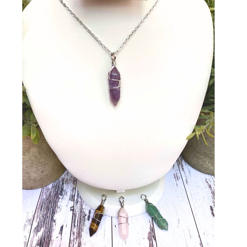 Interchangeable Crystal Point Pendant Necklace Silver Tone